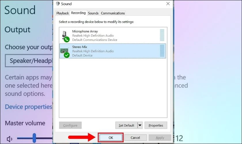 Tr&ecirc;n cửa sổ của Sound nhấn OK