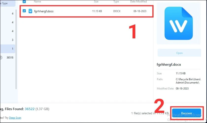Chọn file Word chưa lưu trong Word cần lấy lại và nhân Recover