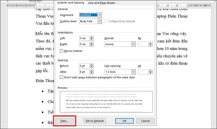Chọn vào mục Tabs trong hộp thoại Paragraph