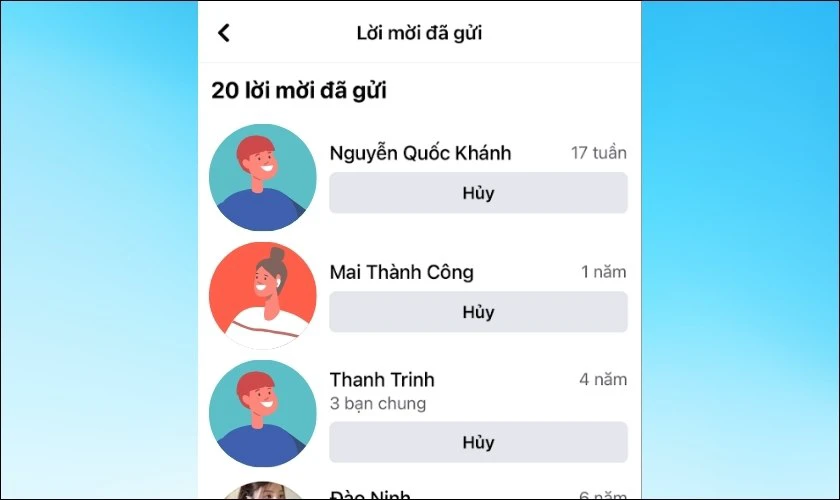 Danh s&aacute;ch lời mời kết bạn m&agrave; bạn đ&atilde; gửi ở ngay b&ecirc;n dưới