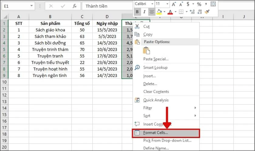 Chọn Format Cells