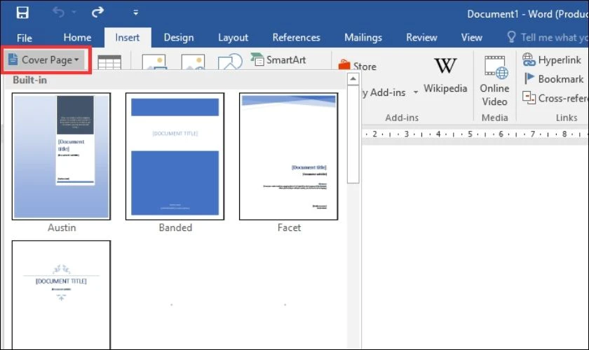 Chọn tab Cover Page để tạo khung viền trang b&igrave;a trong Word 