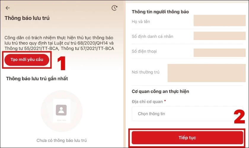 Tạo mới y&ecirc;u cầu, lựa chọn Địa chỉ cơ quan v&agrave; nhấn v&agrave;o Tiếp tục