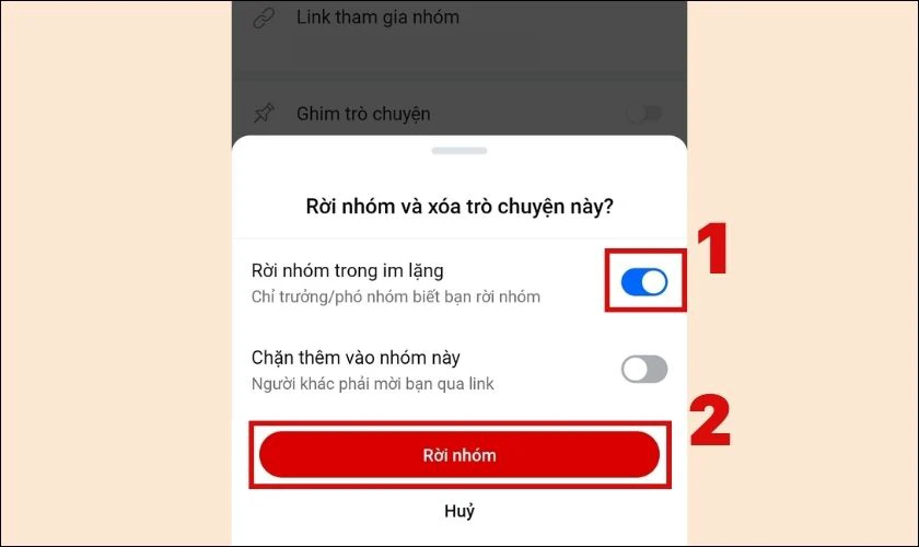 Bật chế độ Rời nhóm trong im lặng và nhấn nút Rời nhóm