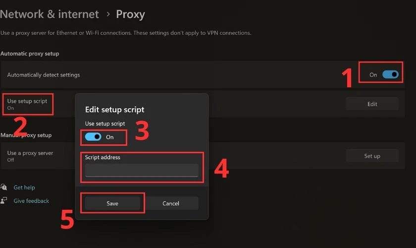 Bạn k&eacute;o c&ocirc;ng tắc tại mục Use setup script để c&agrave;i đặt Proxy