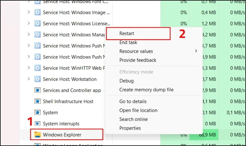 Nhấn chuột phải, chọn Restart