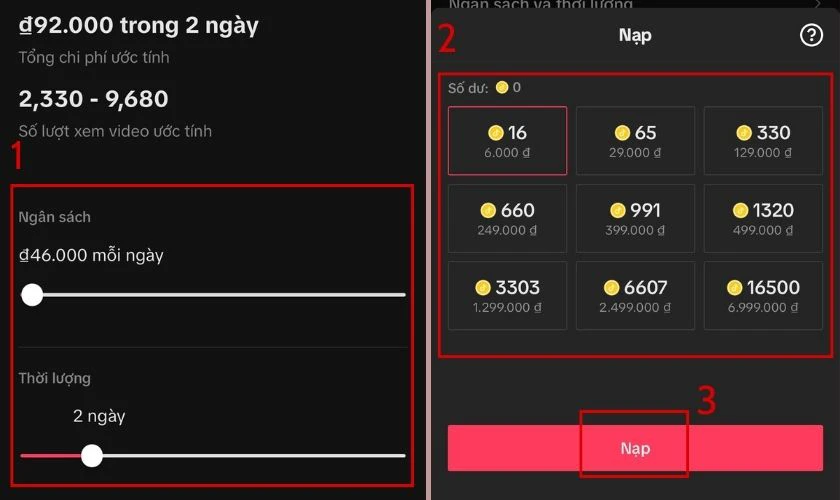 Điều chỉnh mục Ng&acirc;n s&aacute;ch v&agrave; Thời lượng, chọn g&oacute;i muốn nạp v&agrave; nhấn v&agrave;o Nạp