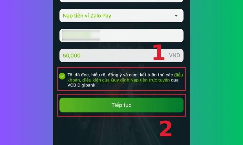 T&iacute;ch chọn v&agrave;o mục T&ocirc;i đ&atilde; đọc, hiểu r&otilde;&hellip; qua VCB Digibank v&agrave; nhấn chọn Tiếp tục