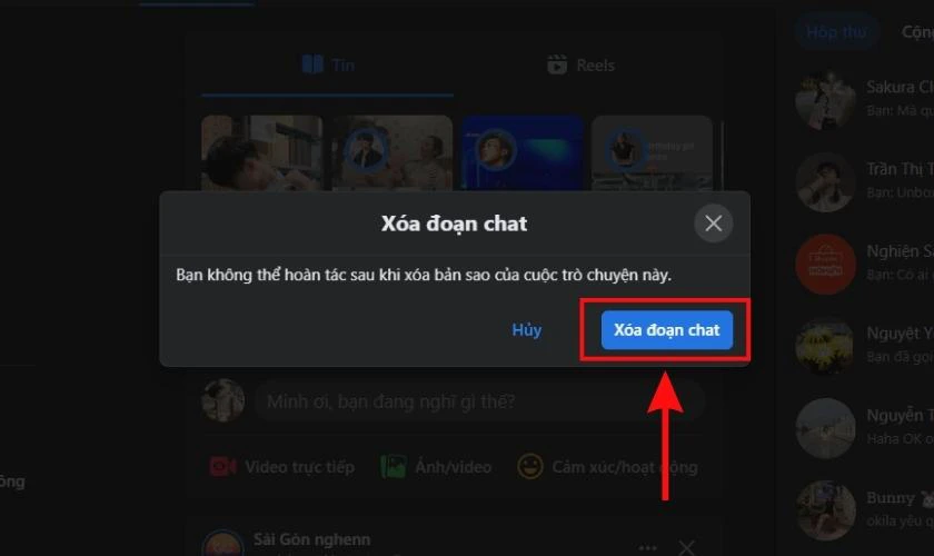 Nhấn v&agrave;o n&uacute;t X&oacute;a đoạn chat để x&aacute;c nhận