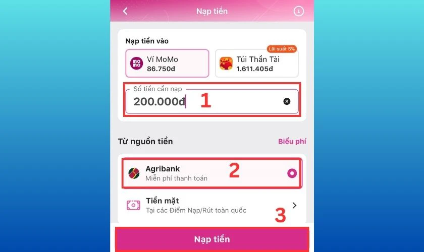 Nhập số tiền, nhấn chọn ng&acirc;n h&agrave;ng li&ecirc;n kết v&agrave; bấm Nạp tiền