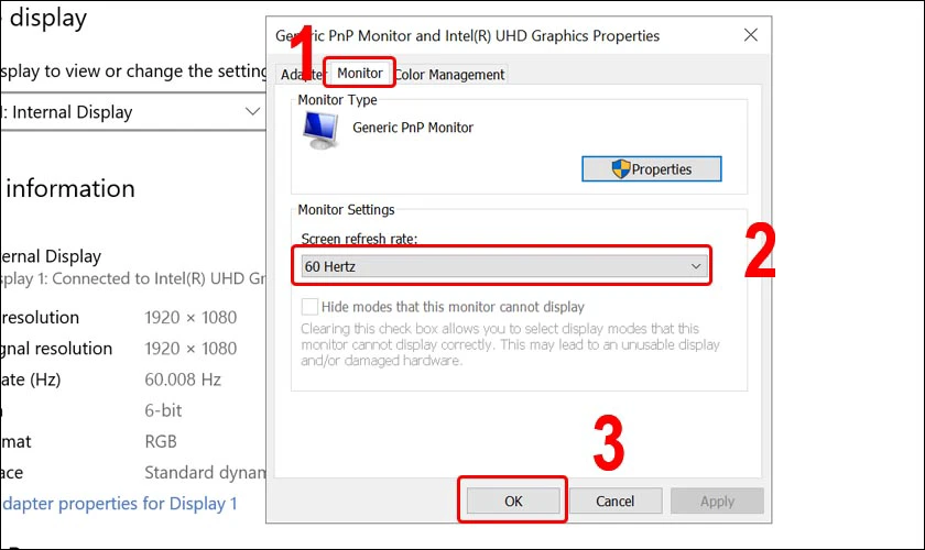 Chọn Tần số qu&eacute;t ph&ugrave; hợp từ menu drop-down