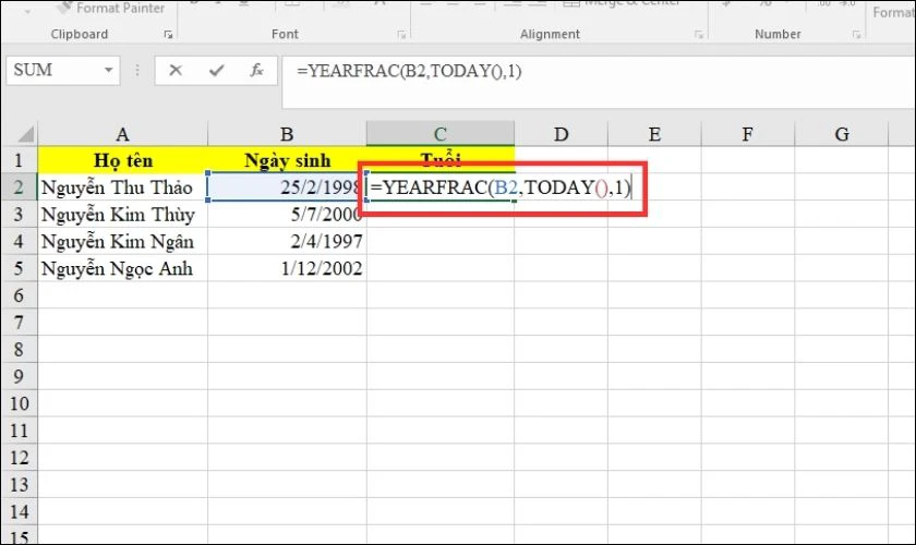 Tính tuổi trong excel bằng hàm YEARFRAC