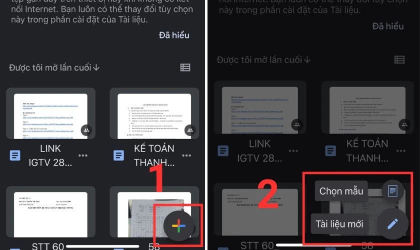 Ấn vào biểu tượng dấu cộng phía dưới để Chọn mẫu hoặc tạo Tài liệu mới