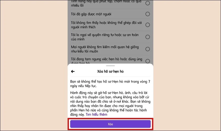 Nhấn v&agrave;o X&oacute;a hồ sơ hẹn h&ograve; tr&ecirc;n Facebook
