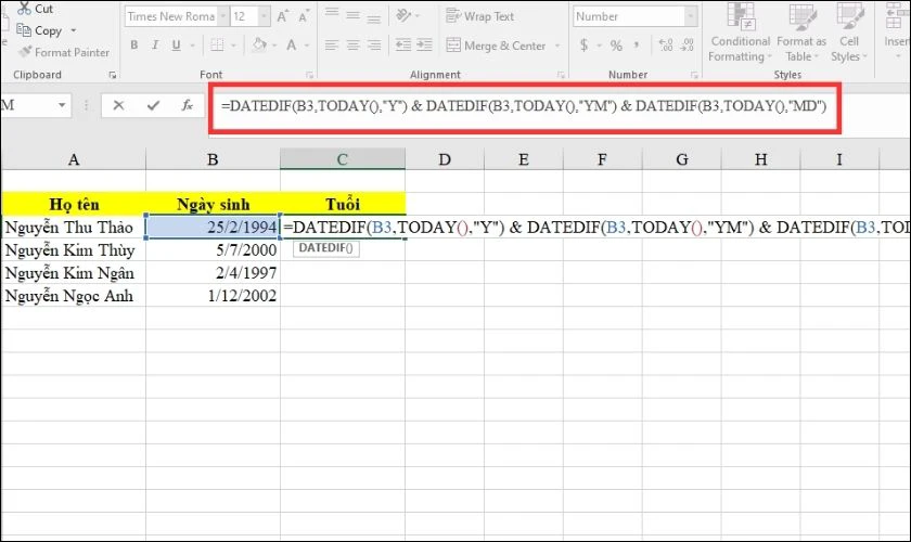 Một số trường hợp tính số tuổi trong Excel khác