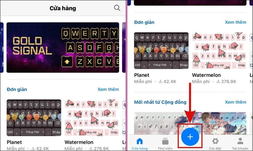 Nhấn vào dấu cộng để cài hình nền cho bàn phím