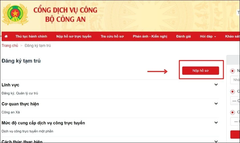Chọn mục Nộp hồ sơ