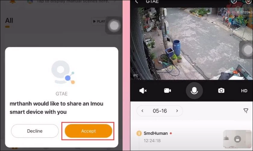 L&uacute;c n&agrave;y người được chia sẻ sẽ nhận lời mời truy cập v&agrave;o camera IMOU