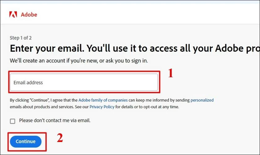 Nhập Email đăng k&yacute; v&agrave; nhấn Continue