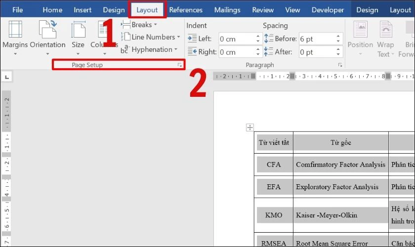 Tại mục Layout, chọn Page Setup
