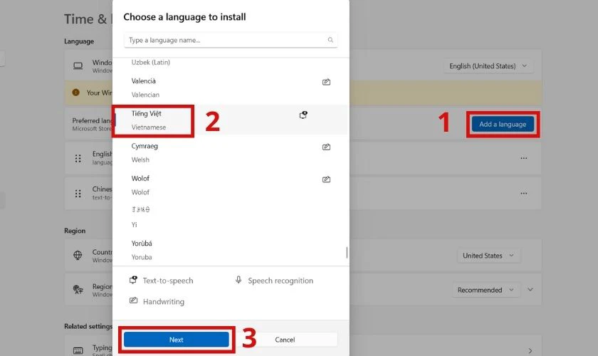 Kéo xuống dưới chọn tiếng Việt rồi nhấn Next