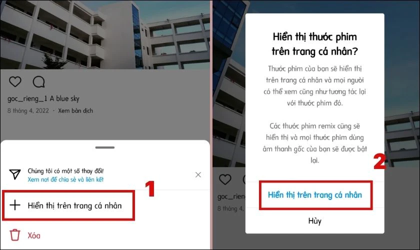 Chọn Hiển thị tr&ecirc;n trang c&aacute; nh&acirc;n