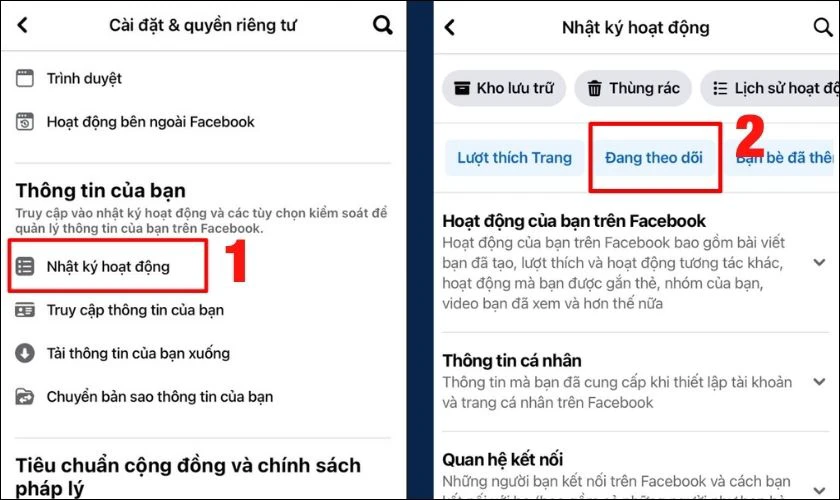 T&igrave;m mục Nhật k&yacute; hoạt động v&agrave; chọn v&agrave;o Đang theo d&otilde;i