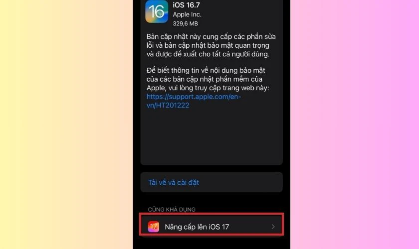 Chọn mục n&acirc;ng cấp iOS 17 