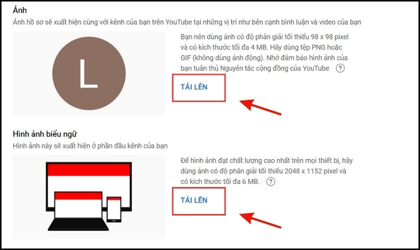 Tải l&ecirc;n h&igrave;nh ảnh đại diện của k&ecirc;nh ở mục Ảnh v&agrave; H&igrave;nh ảnh biểu ngữ