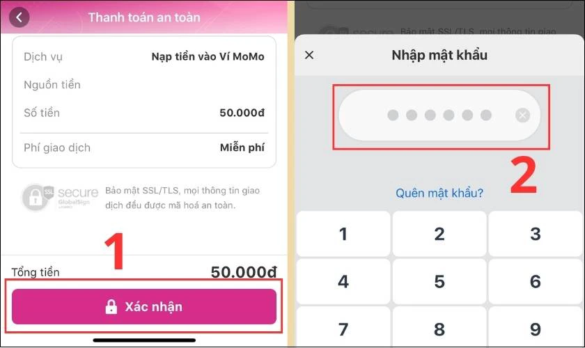 Nhập mật khẩu MoMo để ho&agrave;n tất nạp tiền v&agrave;o v&iacute; MoMo