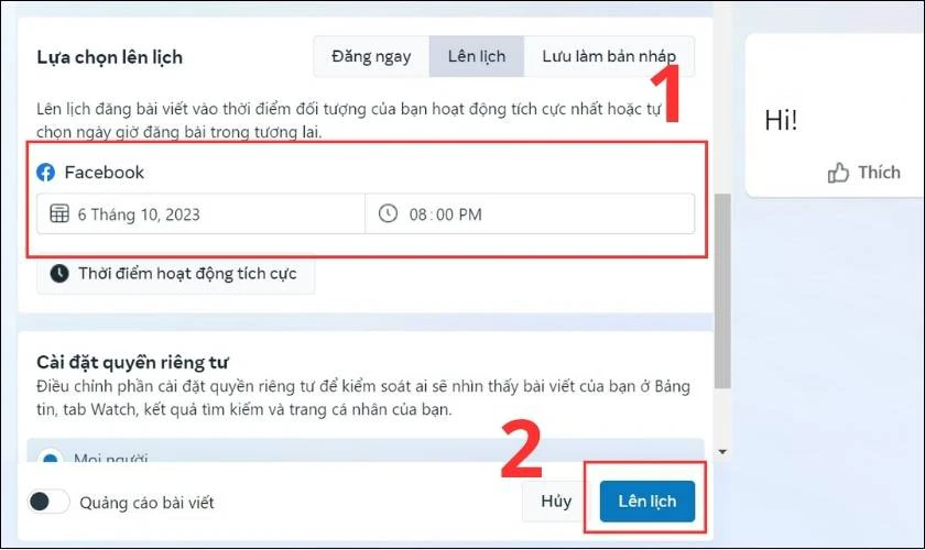 Nhập nội dung muốn đăng, lựa chọn thời gian đăng b&agrave;i v&agrave; nhấn L&ecirc;n lịch