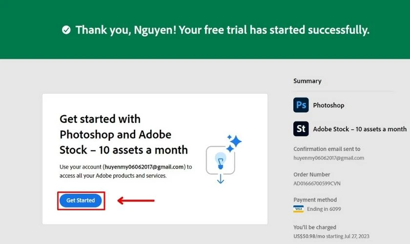 Nhấn chọn Get Started để bắt đầu d&ugrave;ng thử