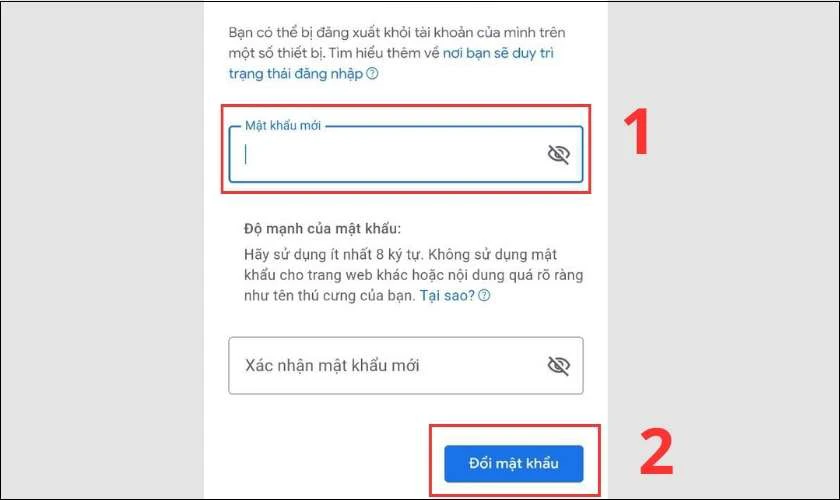 Nhập mật khẩu mới v&agrave; nhấp v&agrave;o Đổi mật khẩu