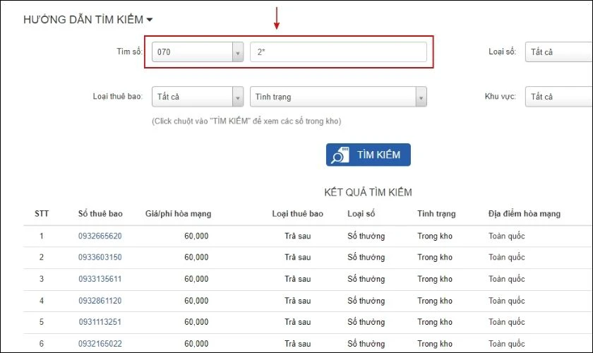 Nhấp chọn 070 ở &ocirc; Tất cả v&agrave; nhập d&ograve;ng lệnh 2*