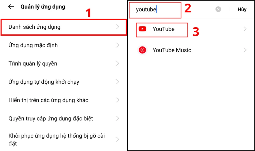 Chọn Danh s&aacute;ch ứng dụng, g&otilde; t&igrave;m v&agrave; chọn YouTube