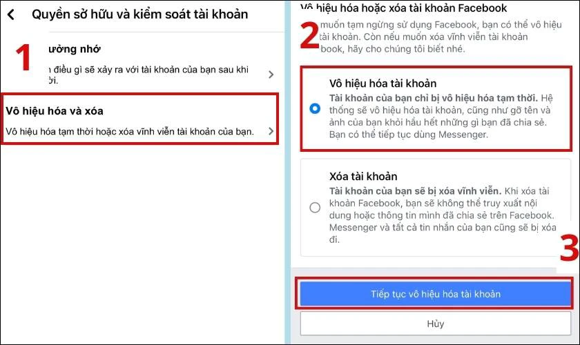 Nhấn chọn mục V&ocirc; hiệu ho&aacute; v&agrave; xo&aacute;, chọn mục V&ocirc; hiệu ho&aacute; t&agrave;i khoản&nbsp;v&agrave; nhấn Tiếp tục v&ocirc; hiệu ho&aacute; t&agrave;i khoản
