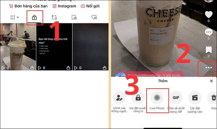 Nhấn v&agrave;o biểu tượng Ba chấm v&agrave; chọn chế độ Live Photo