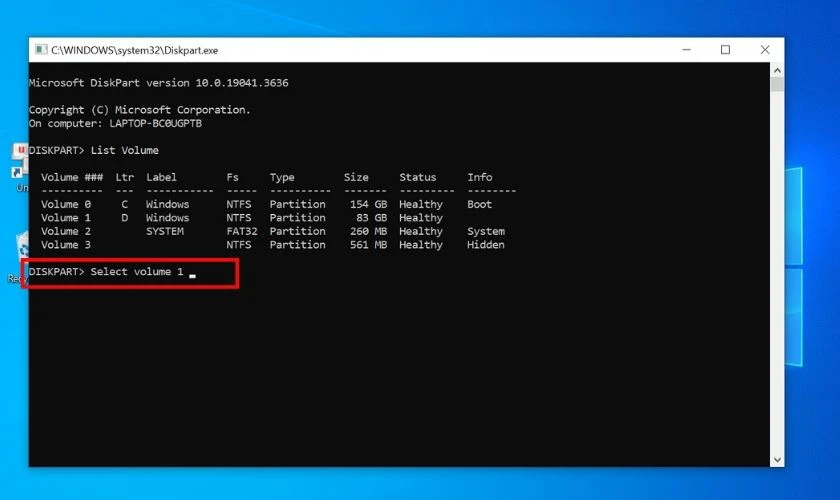 Để ẩn ổ đĩa cứng Win 10 như ổ D, h&atilde;y g&otilde; lệnh Select volume 1 để chọn ổ