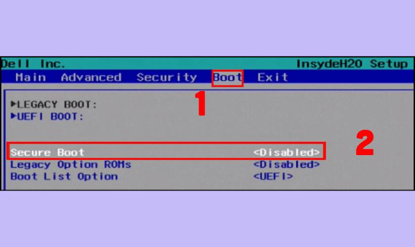 Chuyển đến tab Boot, chọn Secure Boot v&agrave; nhấn Disable để tắt, hoặc Enabled để bật