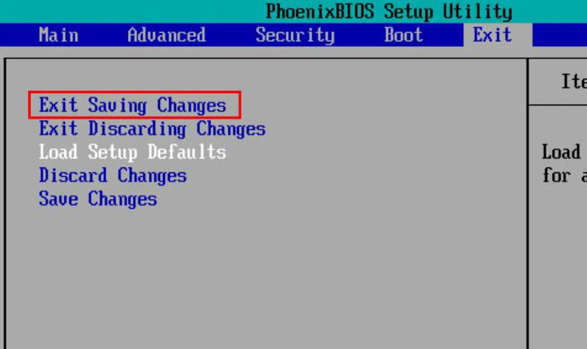 Sau đ&oacute; nhấn Exit Saving Changes để lưu c&aacute;c thay đổi v&agrave; tho&aacute;t khỏi BIOS