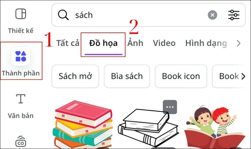 Tại mục Thành phần, bạn gõ các từ khóa như giáo dục, sách, vở… Sau đó, tìm các yếu tố trang trí phù hợp trong mục Đồ họa