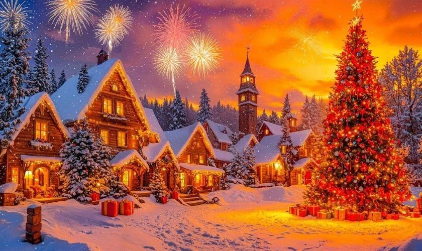 Hình ảnh cây thông Noel mùa Giáng sinh dưới pháo hoa