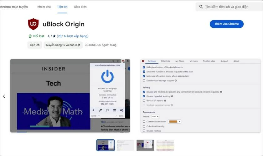 App chặn quảng c&aacute;o uBlock Origin tr&ecirc;n m&aacute;y t&iacute;nh