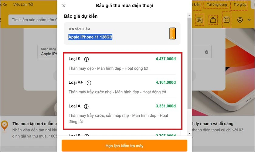 Kiểm tra các mức giá mà website gợi ý