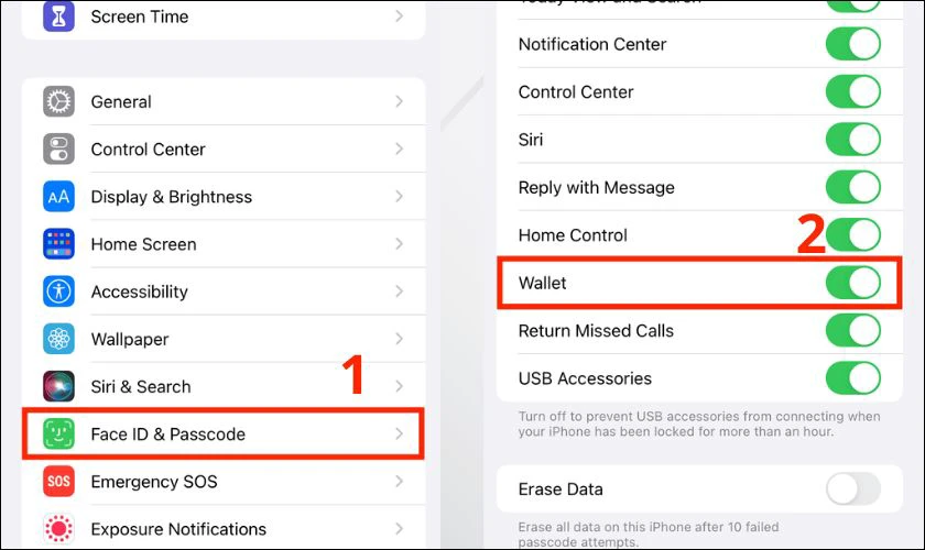 Tho&aacute;t ra v&agrave; chọn Face ID & Passcode, tiếp theo bạn bật chức năng Wallet
