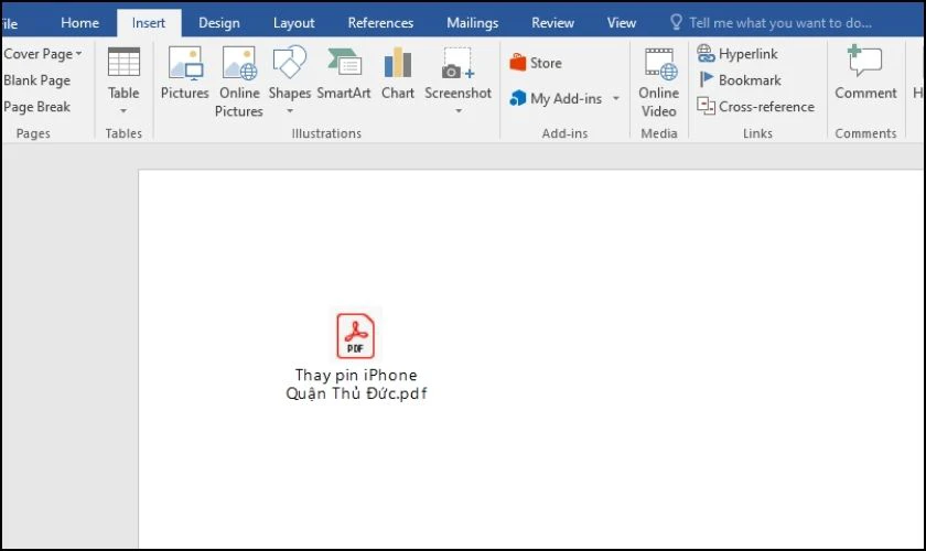 File PDF ch&egrave;n v&agrave;o Word sẽ c&oacute; dạng như ảnh minh họa 