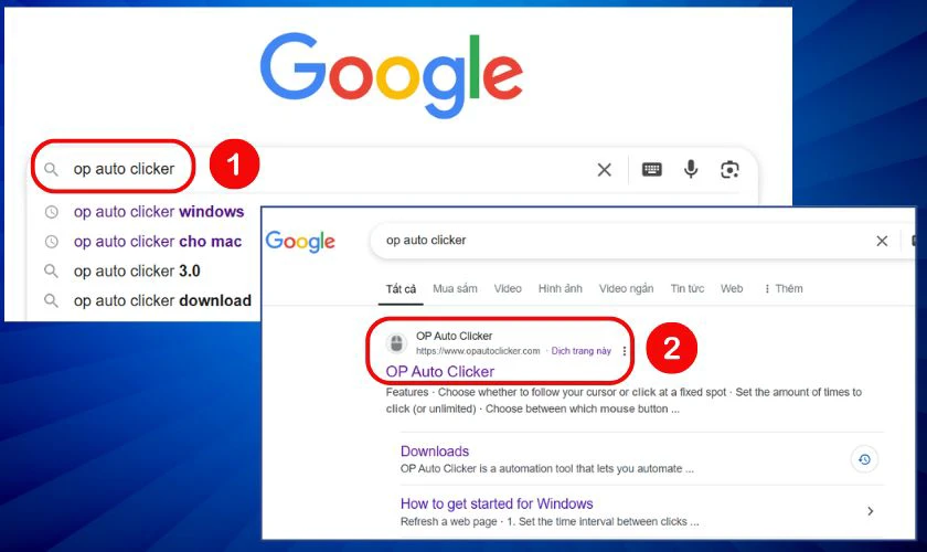 V&agrave;o thanh t&igrave;m kiếm Google t&igrave;m OP Auto Clicker