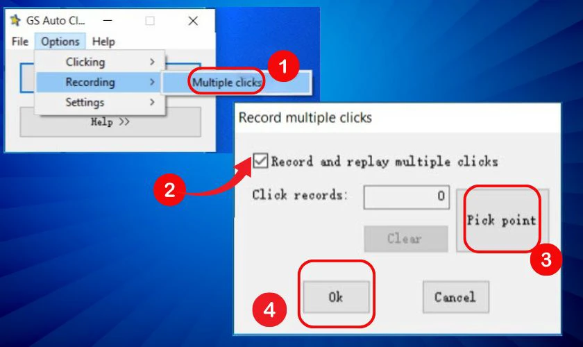 Trong Record multiple clicks, t&iacute;ch v&agrave;o Record and replay multiple clicks