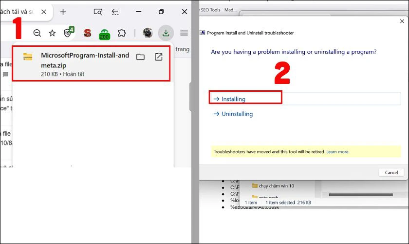 Mở c&ocirc;ng cụ Microsoft Program Install and Uninstall Troubleshooter v&agrave; chọn Installing