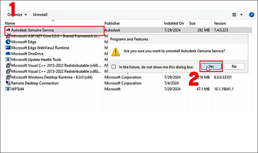 Mở c&ocirc;ng cụ Microsoft Program Install and Uninstall Troubleshooter, t&igrave;m v&agrave; chọn Autodesk Genuine Service
